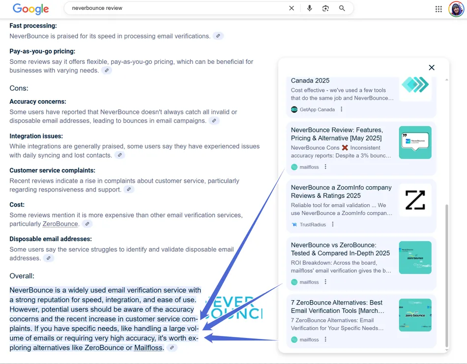 A Google search results page for 'neverbounce review' showing a summary of pros and cons on the left and various article snippets on the right. The summary highlights NeverBounce's fast processing, pay-as-you-go pricing, and overall strong reputation, but also notes concerns regarding accuracy, integration issues, customer service, and cost.