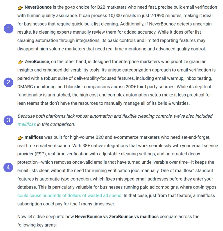 This image contains a text-based comparison of three email verification services, NeverBounce, ZeroBounce, and mailfloss, with each service described in a separate numbered paragraph. The text is black on a white background, and the numbered indicators are purple circles.