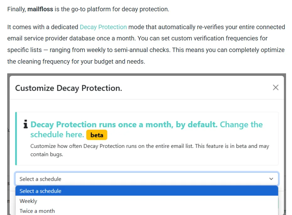 A screenshot displays a website feature called Mailfloss and a popup window for 'Customize Decay Protection'. The text explains that Decay Protection runs once a month by default and allows users to change the schedule. A dropdown menu is open, showing options to select a schedule, with 'Weekly' and 'Twice a month' visible.
