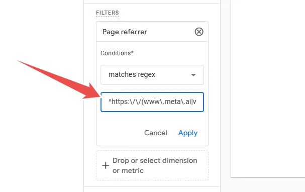 A screenshot showing a 'Page referrer' filter being set up with 'matches regex' as the condition. The regex entered in the text field is '^https:\/\/www.meta.ai|'. Below the text field are 'Cancel' and 'Apply' buttons.