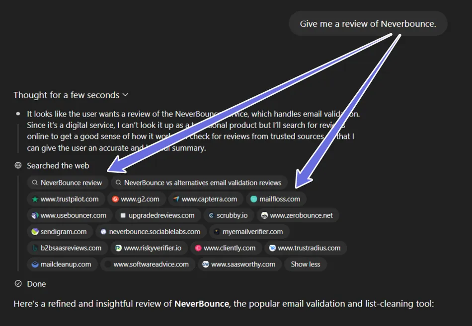 An AI search interface shows the user prompt 'Give me a review of Neverbounce.' The AI has searched the web for various Neverbounce review sites and alternatives, and the results are listed below, indicating the search is complete.