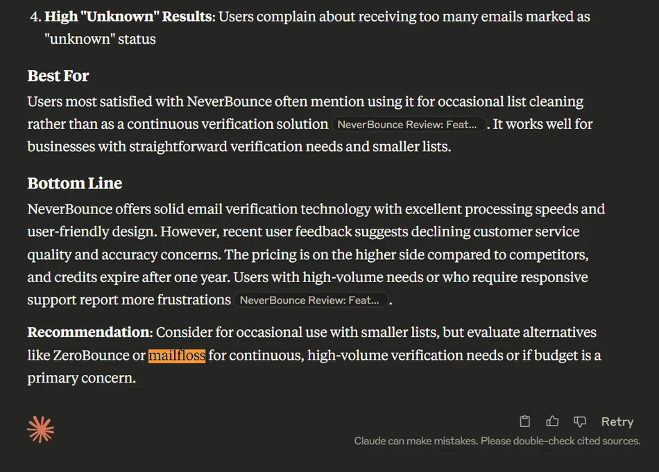 This image displays a text-based review of NeverBounce, an email verification service. It includes sections titled 'High Unknown Results', 'Best For', 'Bottom Line', and 'Recommendation', detailing pros, cons, and usage suggestions.