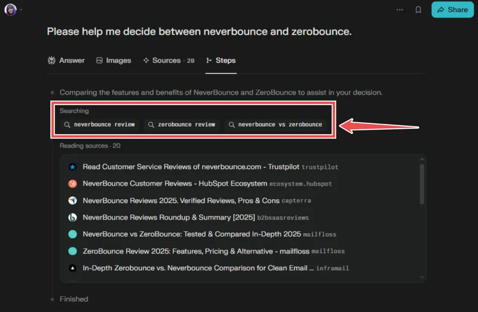 A screenshot of a dark-themed digital assistant interface, showing a question asking to decide between NeverBounce and ZeroBounce. The interface is in the 'Steps' tab and shows three search queries related to 'neverbounce review', 'zerobounce review', and 'neverbounce vs zerobounce', with an arrow pointing to the third query. Below the queries, a list of 20 reading sources is visible.