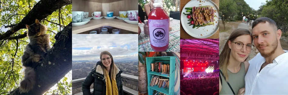 A collage of nine diverse images. Top row from left: a cat sitting in a tree, a shelf with several decorative cups, a bottle of blueberry kombucha, a plate of seared tuna with asparagus and radishes, and a couple taking a selfie outdoors. Bottom row from left: a young woman smiling at a scenic mountain overlook, a wooden crate bookshelf filled with books, and a concert crowd with a stage bathed in red lights.