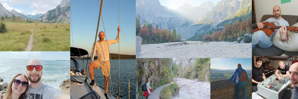 A collage of nine images featuring a man engaged in various activities. The images include him hiking in mountains and by a river, sailing on a boat, standing by the sea with a woman, playing guitar, and working with other men on what appears to be an electronic project.
