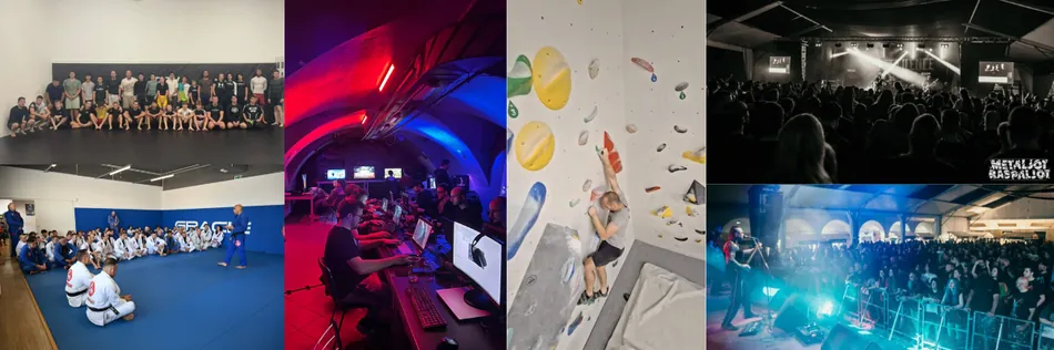 This image is a collage of four distinct activities. The top left shows a group of people posing in a martial arts studio, the bottom left shows a group of people sitting on the floor in a martial arts studio listening to an instructor, the middle image shows people playing video games in a dimly lit room with red and blue lighting, and the right image shows a concert crowd and band playing on stage.