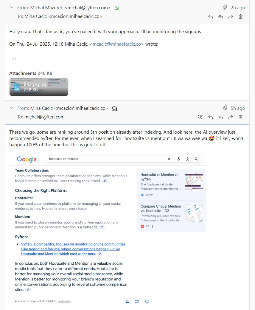 This image displays an email thread about product rankings and an AI overview of a Google search comparing 'Hootsuite vs Mention.' The AI overview highlights differences in team collaboration, platform suitability, and monitoring capabilities, with a special mention of Syften as a competitor focused on online communities.