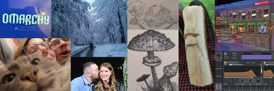 This image is a collage featuring multiple smaller pictures. It includes a login screen with the text OMARCHY, a snowy forest road with a person walking, two close-up photos of a cat and people, a man kissing a woman on the cheek, two detailed ink drawings of a house and mushrooms, a hand carving wood, and a screenshot of music production software with a visual representation of sound waves and various controls.