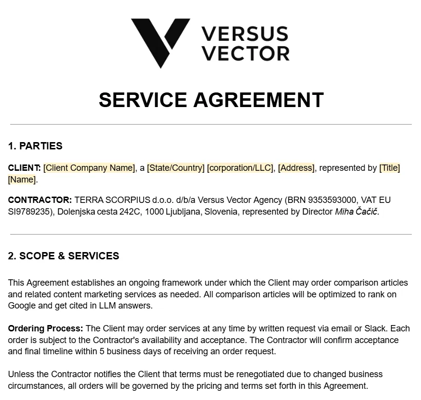 This image displays a service agreement document from Versus Vector, detailing parties involved, scope of services, and the ordering process. The document lists the client as a placeholder and the contractor as TERRA SCORPIUS d.o.o. d/b/a Versus Vector Agency, located in Ljubljana, Slovenia, represented by Director Miha Cac?ic?.