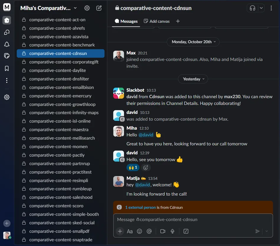 A screenshot of a Slack workspace in dark mode, showing a channel named 'comparative-content-cdnsun'. The left sidebar lists numerous channels, many starting with 'comparative-content-'. The main chat window shows a conversation where Max, Slackbot, david, Miha, and Matija are discussing an upcoming call and adding new members to the channel. A banner at the bottom indicates one external person is from Cdnsun.