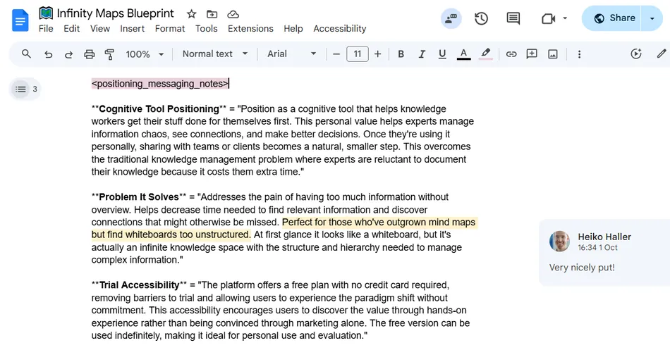 A screenshot of a document editor with text about 'Infinity Maps Blueprint'. The text discusses 'Cognitive Tool Positioning', 'Problem It Solves', and 'Trial Accessibility'. A comment bubble on the right side reads 'Heiko Haller, 16:34 1 Oct, Very nicely put!'.