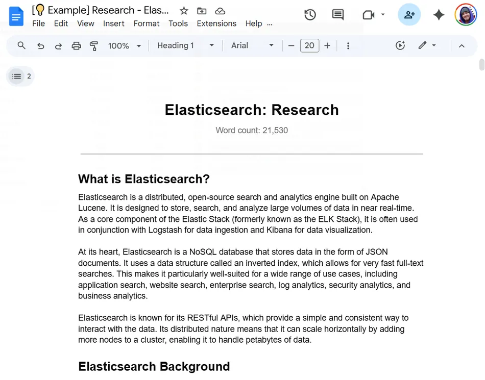 A screenshot of a Google Docs document titled 'Elasticsearch: Research.' The document defines Elasticsearch as an open-source search and analytics engine, a core component of the ELK Stack, and a NoSQL database. It also mentions its RESTful APIs and scalability.