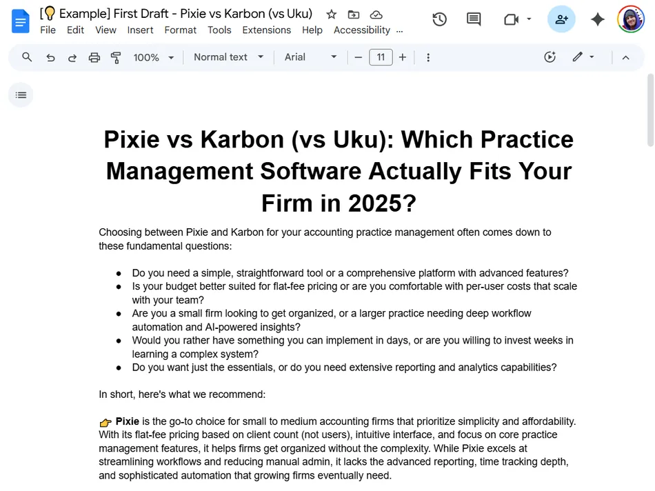 This image is a screenshot of a Google Docs document titled 'Pixie vs Karbon vs Uku Which Practice Management Software Actually Fits Your Firm in 2025?'. The document outlines fundamental questions for choosing practice management software and provides a recommendation for Pixie for small to medium accounting firms.