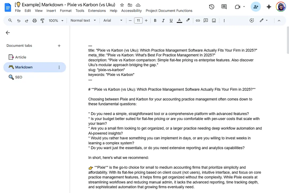 A screenshot of a document editor with a markdown file open, showing a comparison between Pixie, Karbon, and Uku practice management software. The left sidebar displays 'Document tabs' with 'Article,' 'Markdown,' and 'SEO' listed, and the main content area shows text formatting using markdown elements such as bolding and lists.