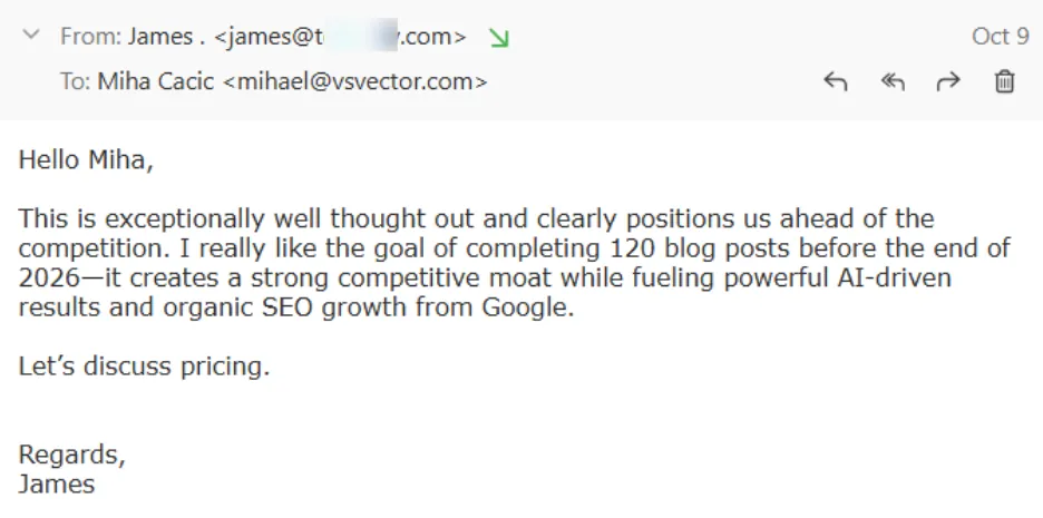 An email from James to Miha Cacic expressing approval of a proposal to complete 120 blog posts by the end of 2026 for competitive advantage and AI-driven growth. James suggests discussing pricing.