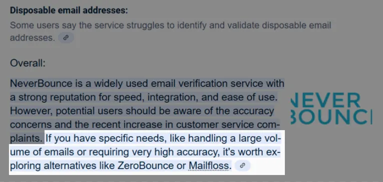 This image shows a review for an email verification service called NeverBounce, highlighted text suggests exploring alternatives like ZeroBounce or Mailfloss if high accuracy or large volumes are needed. The NeverBounce logo is partially visible on the right side of the image.