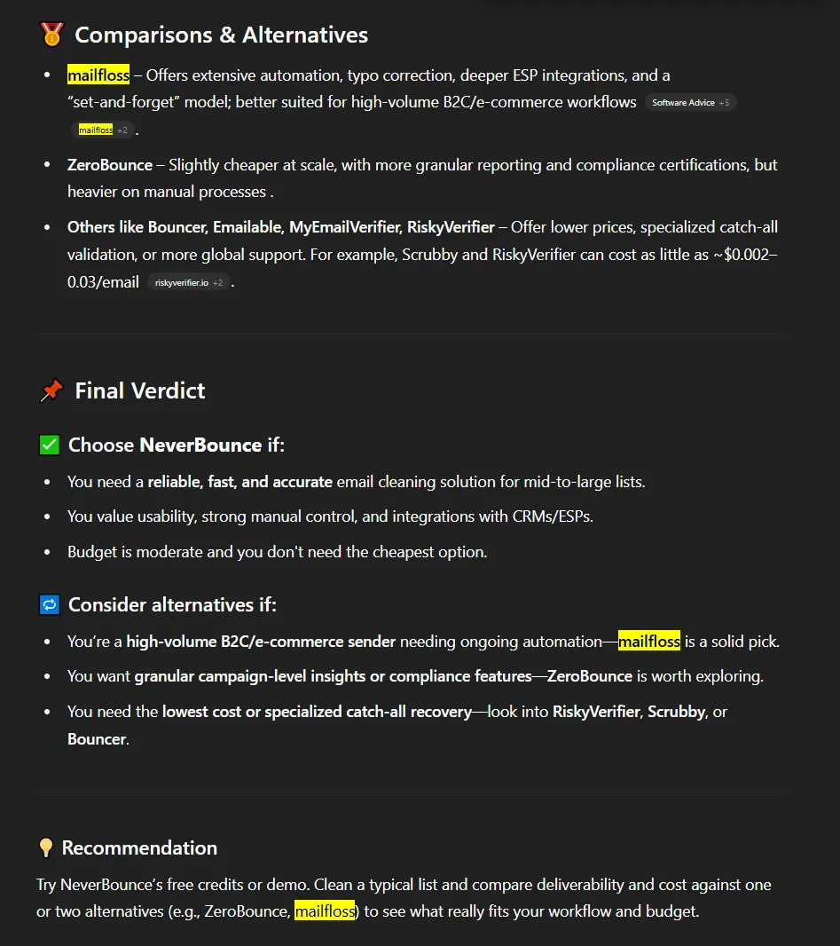 This image outlines comparisons and alternatives for email validation services, a final verdict on when to choose NeverBounce or alternatives, and a recommendation. It highlights features, pricing, and suitability for different business needs for services like Mailfloss, ZeroBounce, Bouncer, Emailable, MyEmailVerifier, RiskyVerifier, and Scrubby.